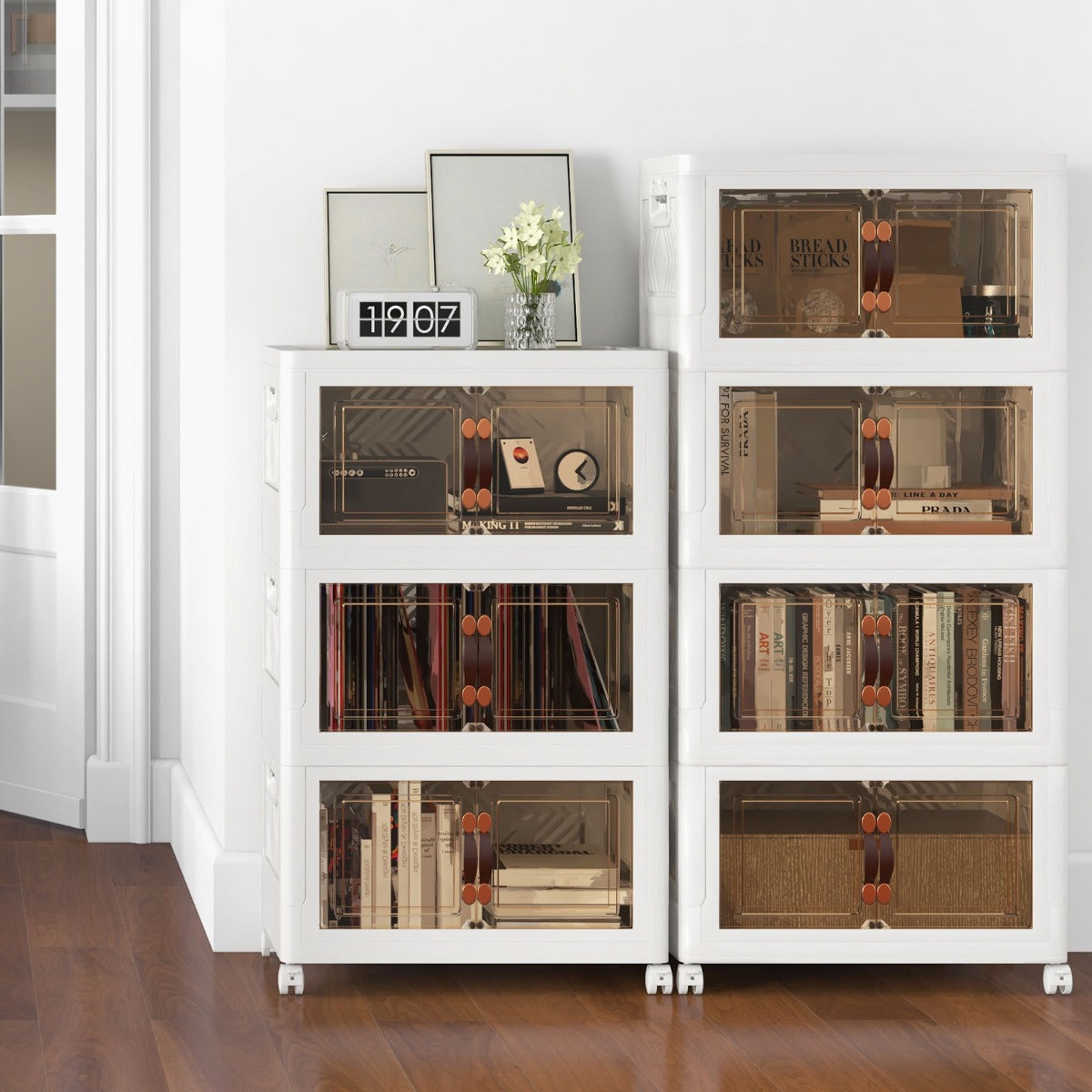 Set di contenitori impilabili con ruote bloccabili, Mobile in PP pieghevole con coperchi Bianco 49,5x31,5x112,5cm-Cassettiere