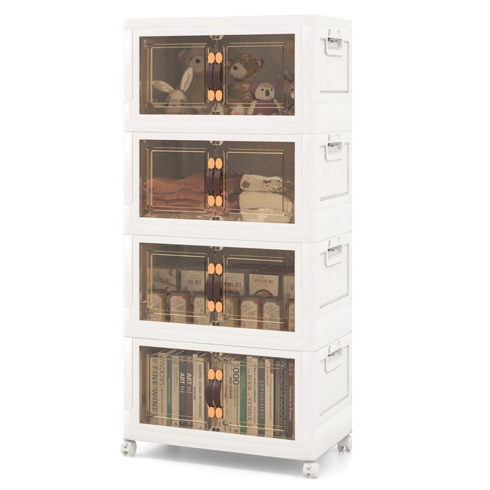 Set di contenitori impilabili con ruote bloccabili, Mobile in PP pieghevole con coperchi Bianco 49,5x31,5x112,5cm-Cassettiere