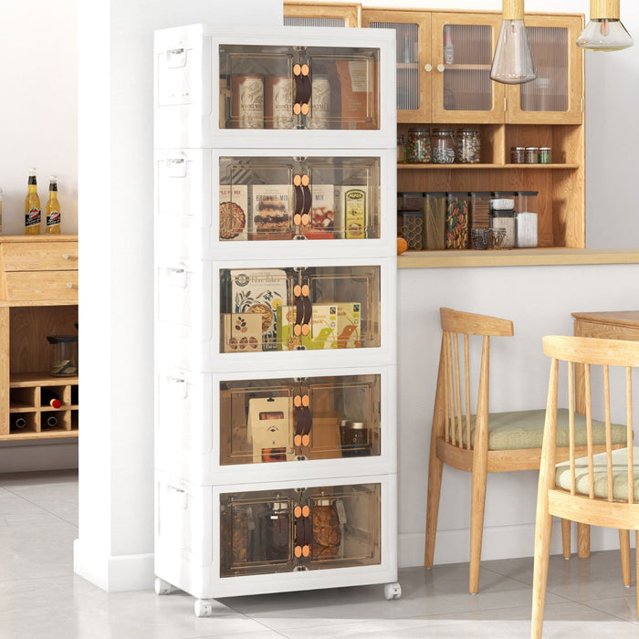 Set di contenitori impilabili con ruote bloccabili, Mobile in PP pieghevole con coperchi Bianco 59,5x37,5x169cm-Cassettiere