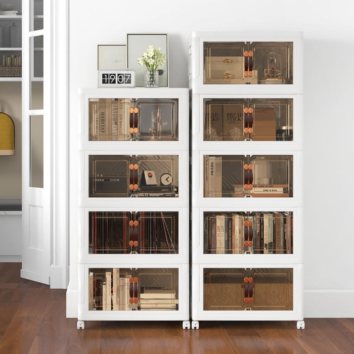 Set di contenitori impilabili con ruote bloccabili, Mobile in PP pieghevole con coperchi Bianco 59,5x37,5x169cm-Cassettiere