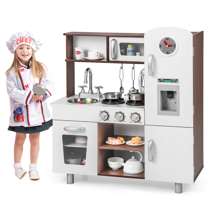 Set di cucina giocattolo per bambini con suoni e luci realistiche, Cucina giocattolo in legno con fornelli Marrone-Cucine giocattoli