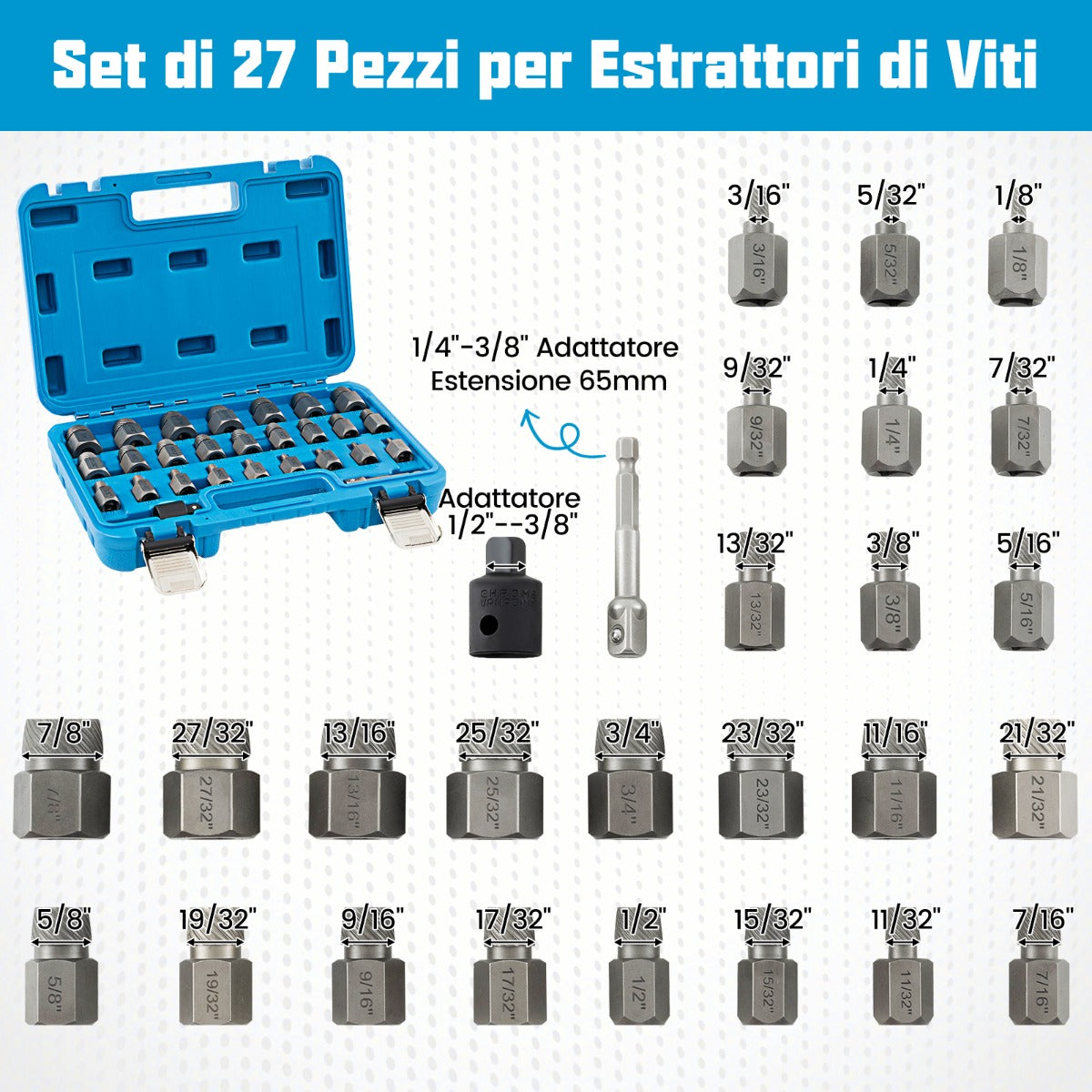 Set di estrattori per viti e steli strappati da 27 pezzi, Kit di rimozione bulloni con doppia testa e innesto Blu-Deposito utensili Tool