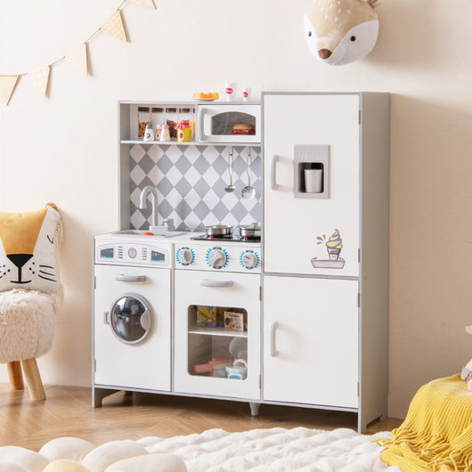 Cucina giocattolo in legno integra macchina del ghiaccio e piano cottura, Cucina giocattolo integra forno e microonde Bianco-Cucine giocattoli