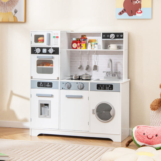 Set di giocattoli in legno con lavello rubinetto dispenser d'acqua microonde-Cucina da gioco per bambini 3+ anni Bianco