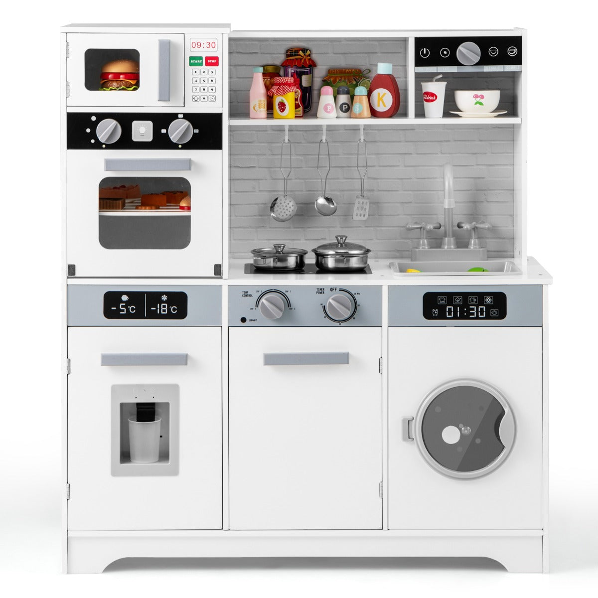 Set di giocattoli in legno con lavello rubinetto dispenser d'acqua microonde-Cucina da gioco per bambini 3+ anni Bianco