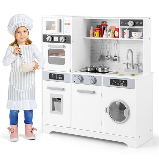 Set di giocattoli in legno con lavello rubinetto dispenser d'acqua microonde-Cucina da gioco per bambini 3+ anni Bianco