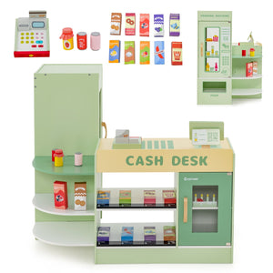 Set di giocattoli in legno per il supermercato, Playset per bambini con bancone cassa POS distributore automatico Verde-Case e cucine giocattoli