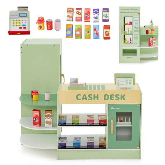 Set di giocattoli in legno per il supermercato, Playset per bambini con bancone cassa POS distributore automatico Verde-Case e cucine giocattoli