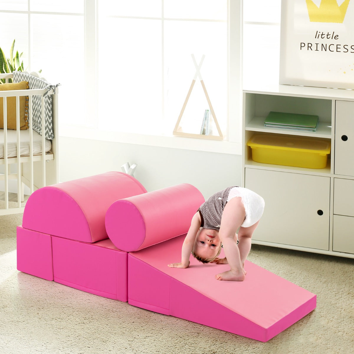 Set di gioco da arrampicata per bambini da 5 pezzi, Strutture di gioco in schiuma impermeabili Rosa scuro-Giocattoli educativi