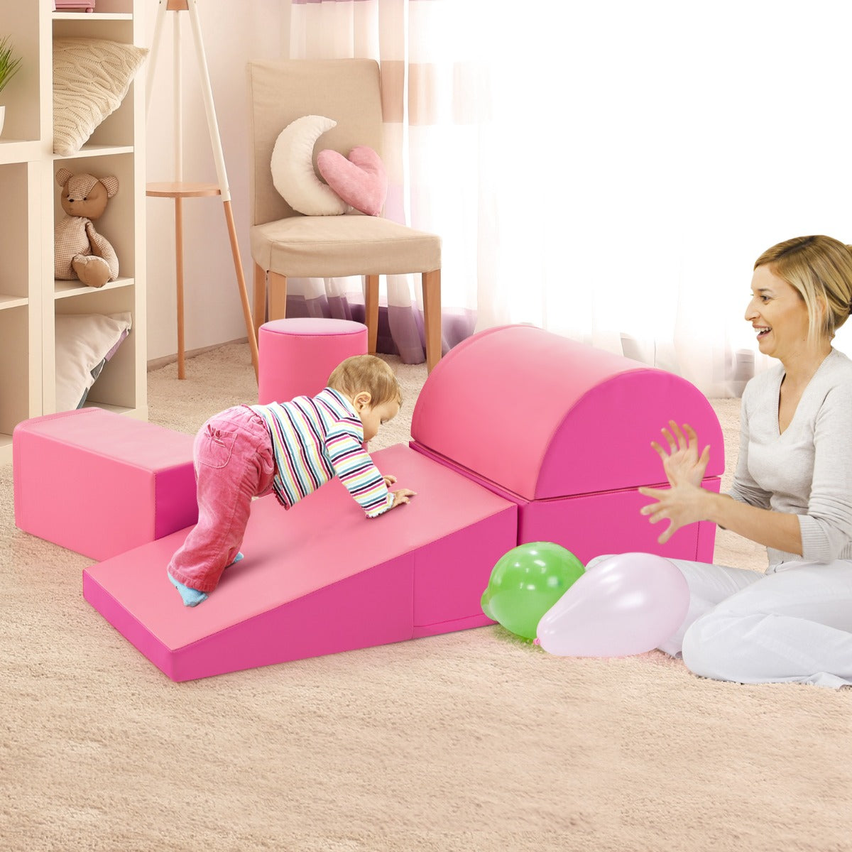 Set di gioco da arrampicata per bambini da 5 pezzi, Strutture di gioco in schiuma impermeabili Rosa scuro-Giocattoli educativi