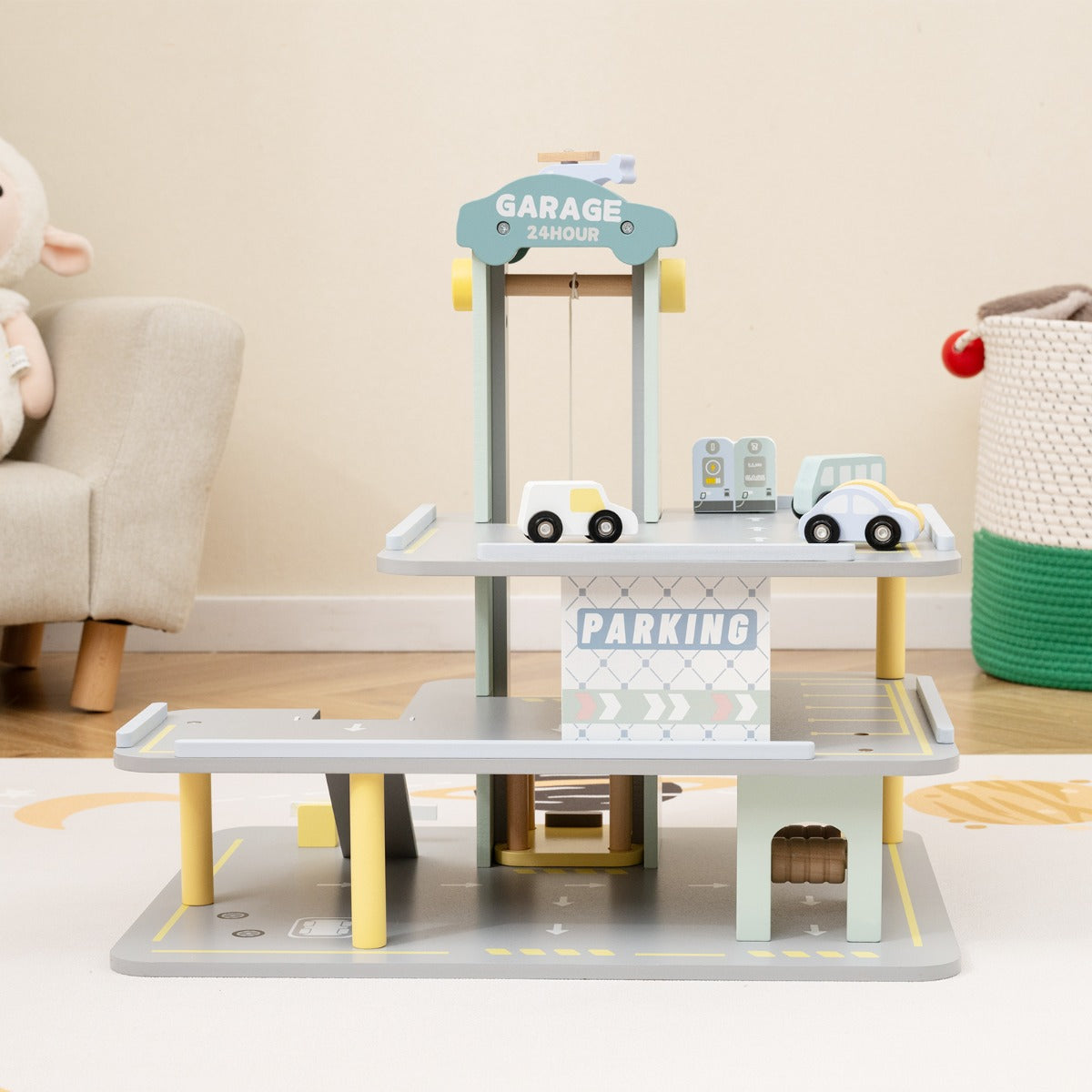 Set di gioco garage per parcheggio in legno a 3 strati con 4 auto elipista, Garage di giocattolo per 3+ anni Grigio-Case e cucine giocattoli