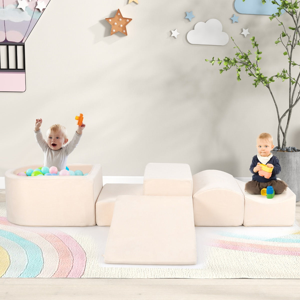 Set di gioco in schiuma a 5 pezzi per bambini con piscina di palline coperture lavabili-Blocchi blocchi creativi Beige