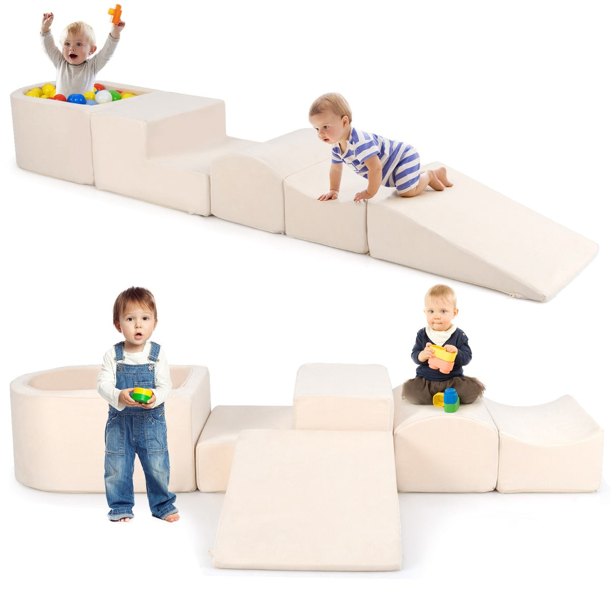 Set di gioco in schiuma a 5 pezzi per bambini con piscina di palline coperture lavabili-Blocchi blocchi creativi Beige