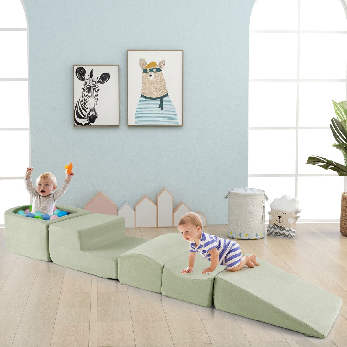 Set di gioco in schiuma a 5 pezzi per bambini con piscina di palline coperture lavabili, Blocchi creativi Verde chiaro-Giocattoli educativi