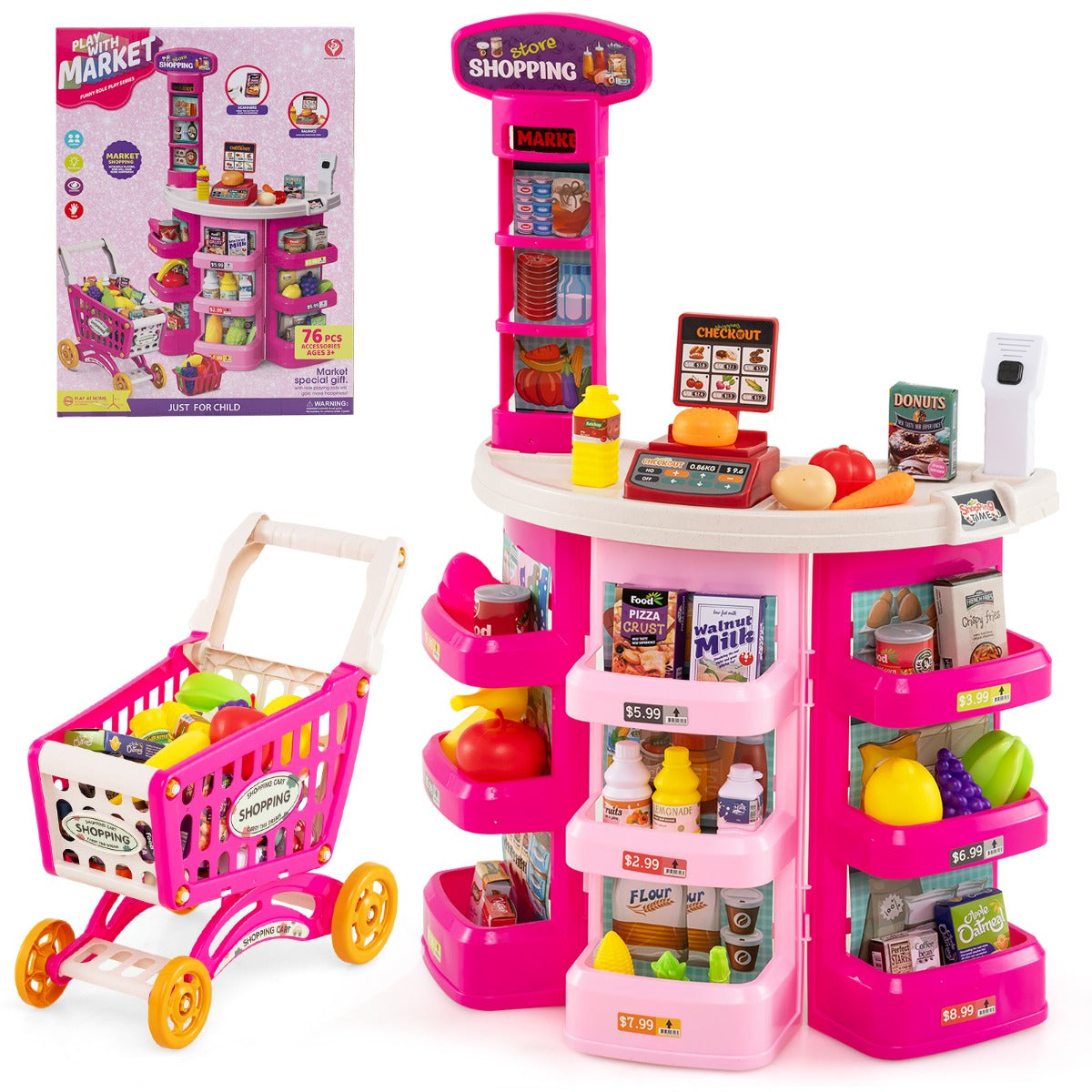 Giocattolo supermercato finto con luci e 29 pezzi accessori, Set di gioco supermercato per bambini dai 3 anni in su Rosa-Cucine giocattoli
