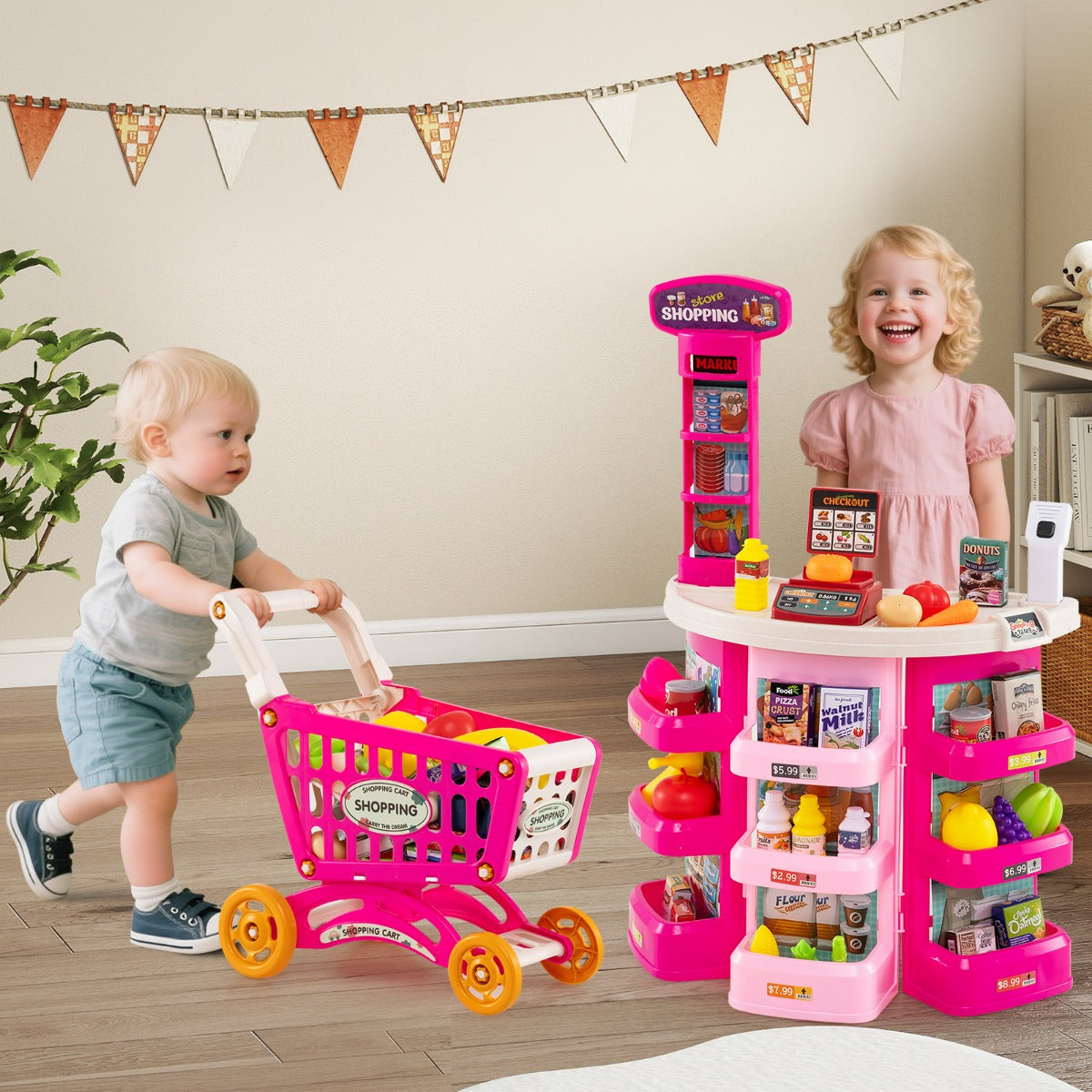 Giocattolo supermercato finto con luci e 29 pezzi accessori, Set di gioco supermercato per bambini dai 3 anni in su Rosa-Cucine giocattoli