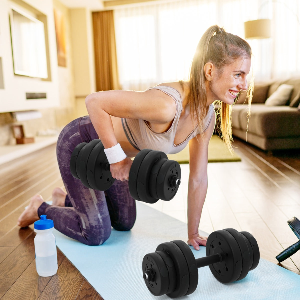 Bilanciere da palestra con barra di collegamento e copertura protettiva in gomma, Set di manubri regolabili da 2 pezzi Nero-Sollevamento pesi