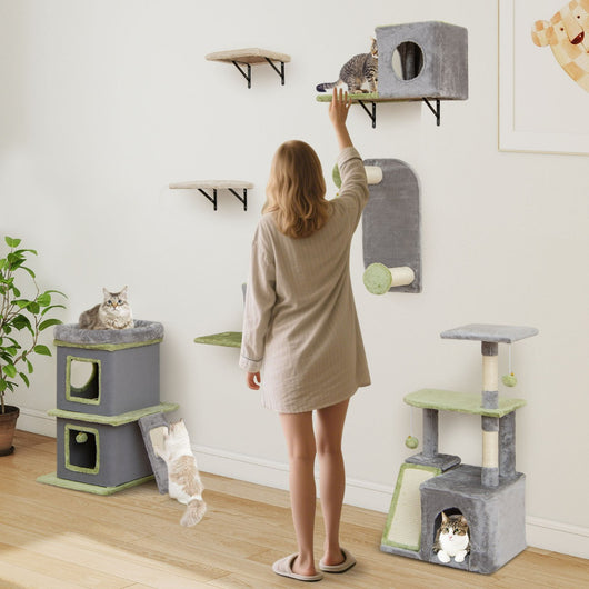 Centro attivit¨¤ per gatti con condominio e set di mobili per gatti a muro, 3 in 1 Set di mobili per gatti Grigio-Alberi Tiragraffi