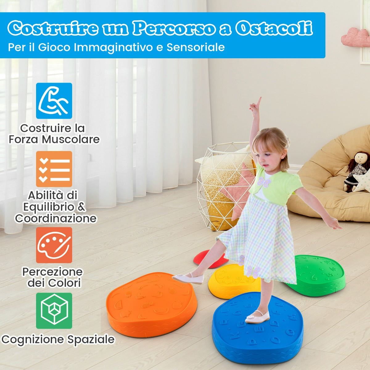 Set di 5 pietre di passo per bambini di 3+ anni, Set di pietre per torrente impilabili con bordo antiscivolo-Giochi su prato