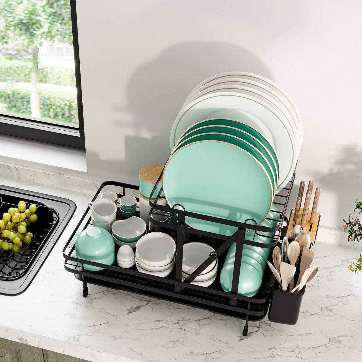 Set di scolapiatti e scolapasta pieghevole per cucina, Scolapiatti in metallo a 2 livelli con portautensili Nero-Scolapiatti