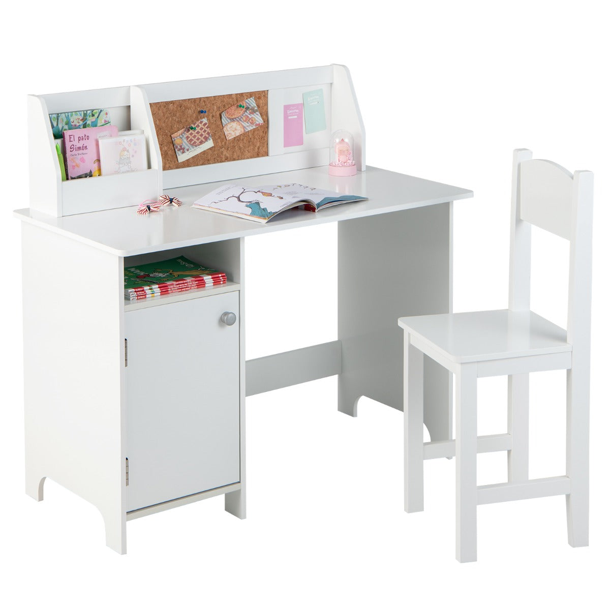 Set di scrivania e sedia per bambini in legno con scaffale armadietto bacheca, Postazione di scrittura Bianco-Tavoli e sedie
