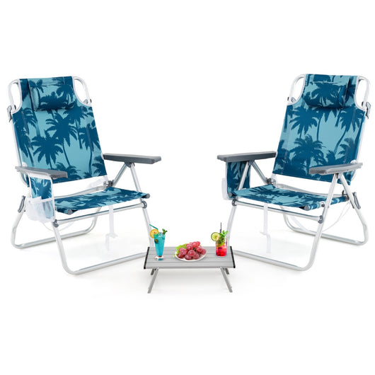 Sedie da giardino a 2 posizioni con tavolino laterale per picnic all'aperto-Set di sedie da spiaggia pieghevoli e tavolino Blu scuro