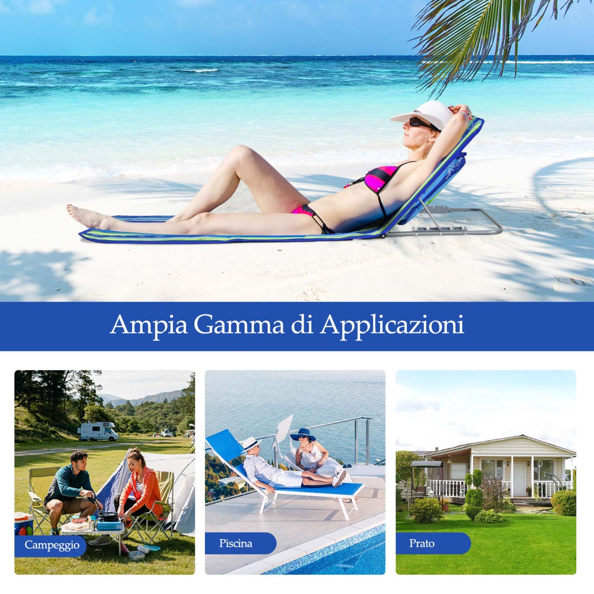 Set di tappetini pieghevoli da spiaggia per cortile campeggio, Sedie a sdraio regolabili con un tavolino Bianco e blu-Letti e sacchi a pelo