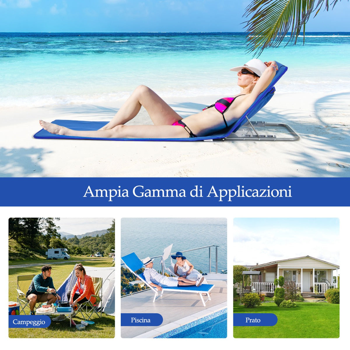 Set di tappetini pieghevoli da spiaggia per cortile campeggio, Sedie a sdraio regolabili con un tavolino Blu-Letti e sacchi a pelo
