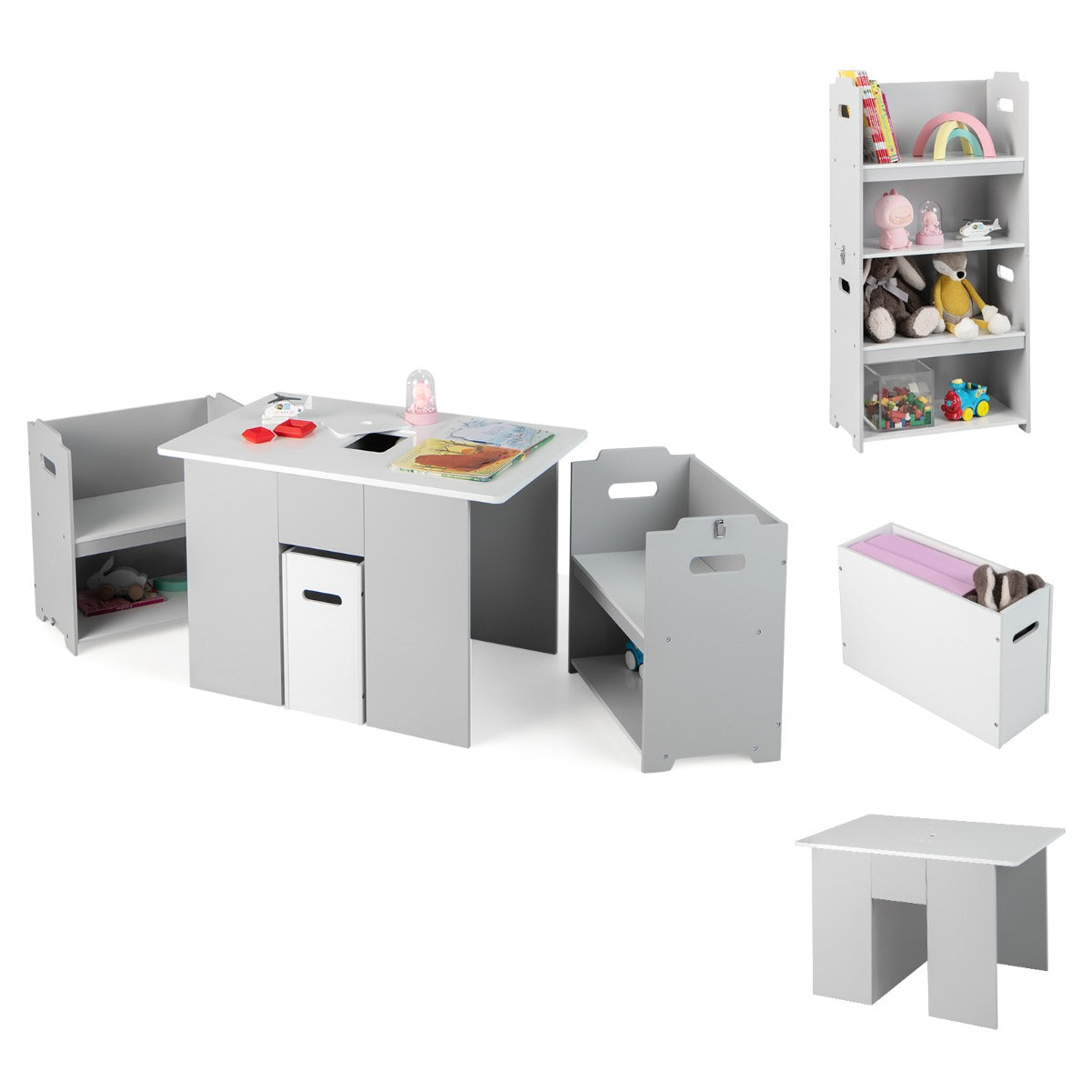 Set tavolo e 2 sedie impilabili per bambini 3+ anni, Tavolo di attivit¨¤ con coperchio rimovibile contenitore Grigio-Tavoli e sedie