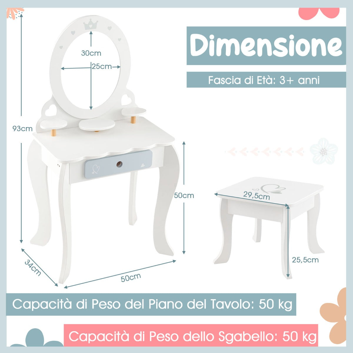 Set di tavolo trucco e sgabello per bambine con specchio rimovibile cassetto, Toeletta trucco bambina 2 in 1 Bianco-Toelette per bimbi