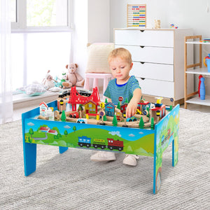 Set di trenini in legno con tavolo reversibile e staccabile cassetto capiente, Tavolo da gioco per bambini 80 Pezzi-Giocattoli educativi