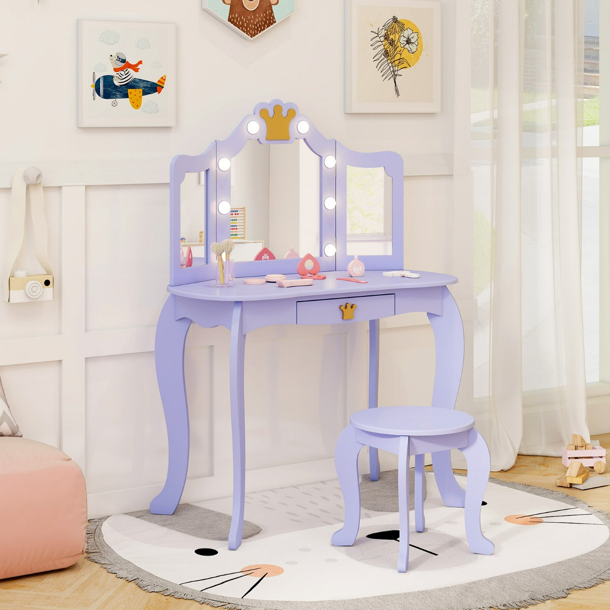 Set da trucco per bambini con specchio illuminato, Set da trucco con tavolo e sedia con specchio Viola-Toelette per bimbi
