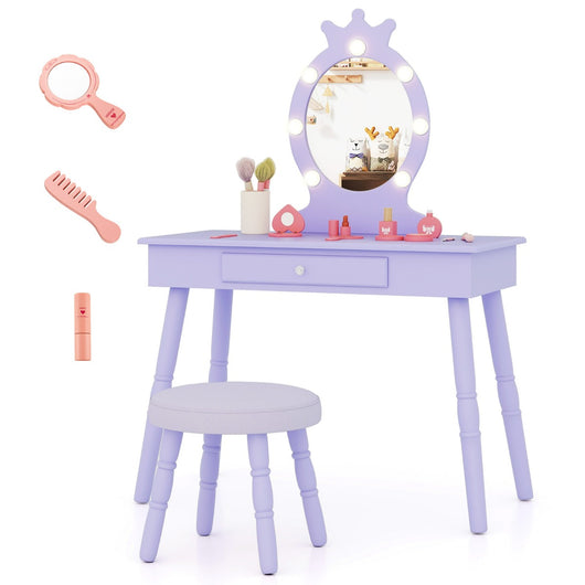 Set da trucco per bambini con specchio illuminato, Set di trucco per principesse con tavolo e sedia regolabili Viola-Toelette per bimbi