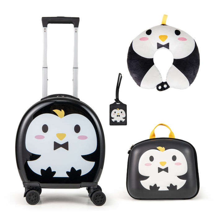 Set di valigie per bambini, Set da 4 pezzi con valigia a mano zaino e cuscino per collo Nero+Bianco-Bagagli e borse