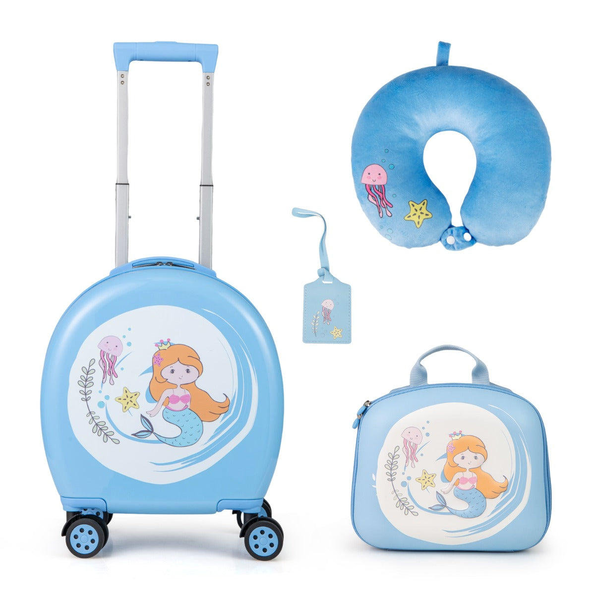 Set di valigie per bambini, Set da 4 pezzi con valigia a mano zaino e cuscino per collo Blu+Bianco-Bagagli e borse