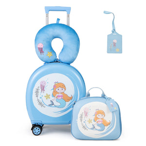 Set di valigie per bambini, Set da 4 pezzi con valigia a mano zaino e cuscino per collo Blu+Bianco-Bagagli e borse