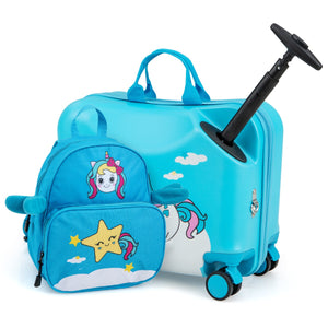 Set di valigie per bambini da 2 pezzi, Valigia con zaino duro e impermeabile con ruote 47x26,5x36,5cm Blu-Bagagli e borse