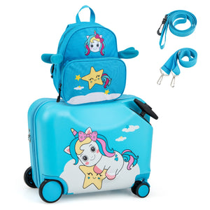 Set di valigie per bambini da 2 pezzi, Valigia con zaino duro e impermeabile con ruote 47x26,5x36,5cm Blu-Bagagli e borse