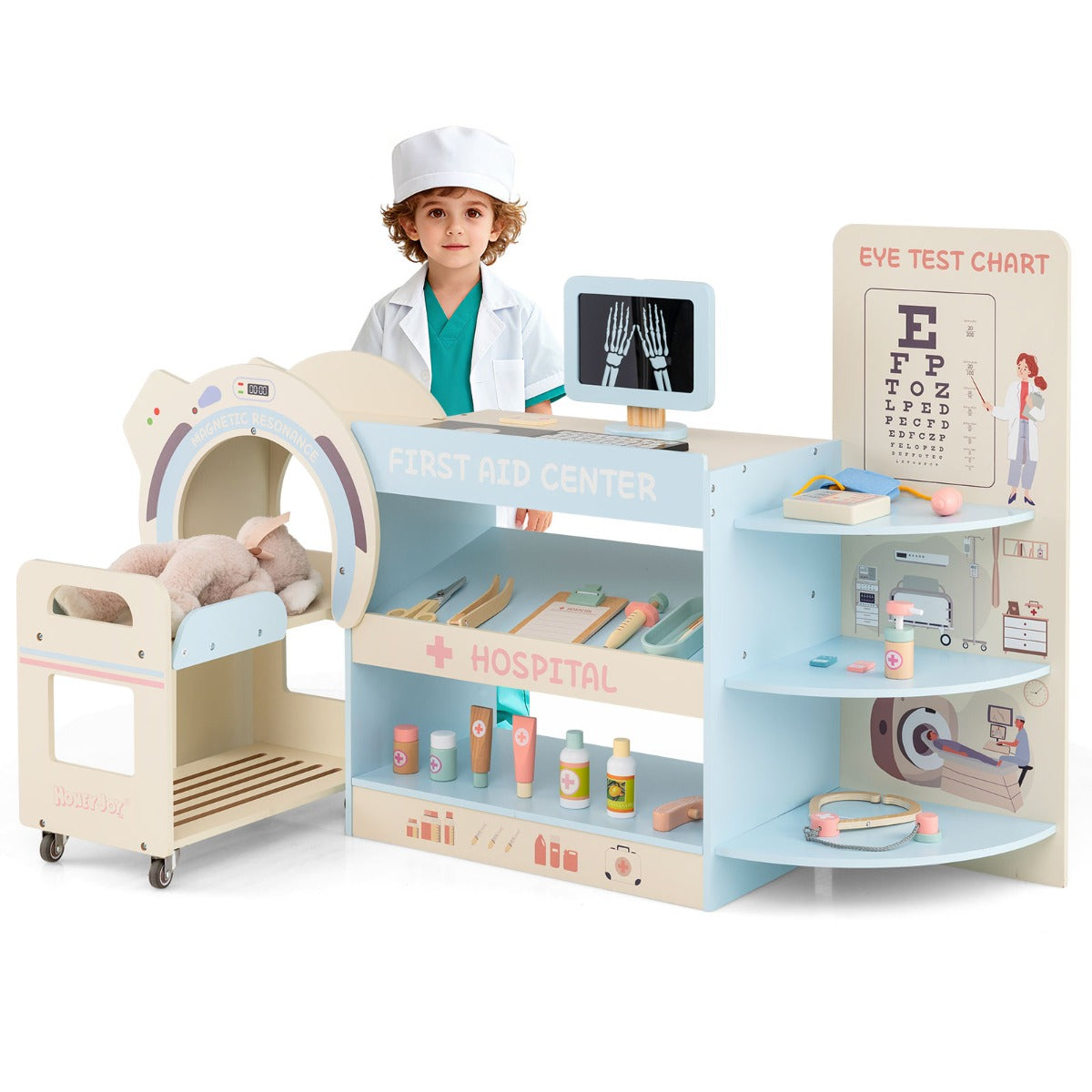 Set gioco dottore per bambini kit ospedale in legno per gioco di ruolo con cartello per vista, Gioco per bambini 3+ anni Blu-Giocattoli educativi