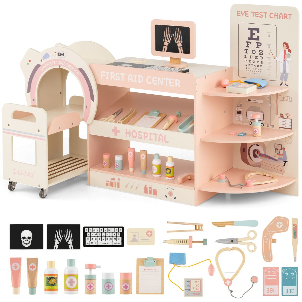 Set gioco dottore per bambini kit ospedale in legno per gioco di ruolo con cartello per vista, Gioco per bambini 3+ anni Rosa-Giocattoli educativi