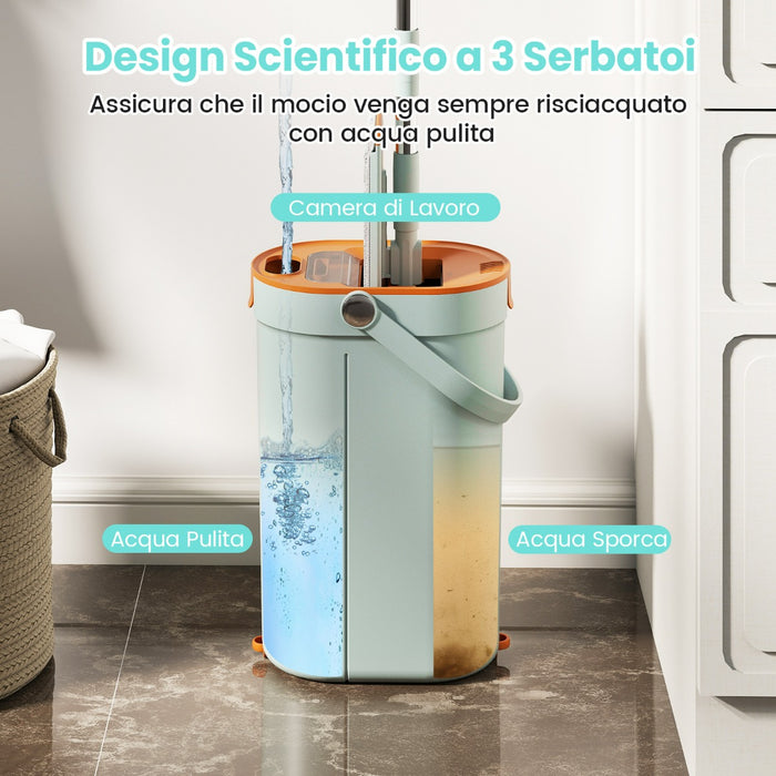 Sistema per pavimenti piatto con 3 vasche e pad in microfibra lavabili, Set mocio e secchio con strizzatore Verde chiaro-Strumenti pulizia