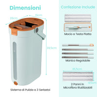 Sistema per pavimenti piatto con 3 vasche e pad in microfibra lavabili, Set mocio e secchio con strizzatore Verde chiaro-Strumenti pulizia