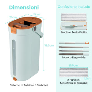 Sistema per pavimenti piatto con 3 vasche e pad in microfibra lavabili, Set mocio e secchio con strizzatore Verde chiaro-Strumenti pulizia