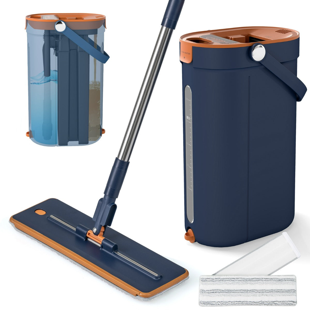 Sistema per pavimenti piatto con 3 vasche e pad in microfibra lavabili, Set mocio e secchio con strizzatore Blu scuro-Strumenti pulizia