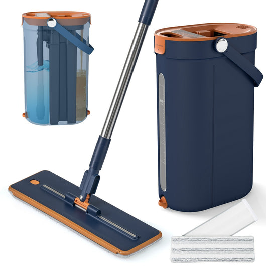 Sistema per pavimenti piatto con 3 vasche e pad in microfibra lavabili, Set mocio e secchio con strizzatore Blu scuro-Strumenti pulizia
