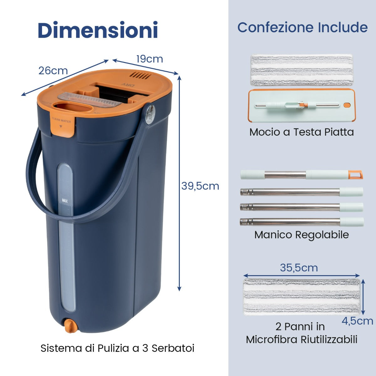 Sistema per pavimenti piatto con 3 vasche e pad in microfibra lavabili, Set mocio e secchio con strizzatore Blu scuro-Strumenti pulizia