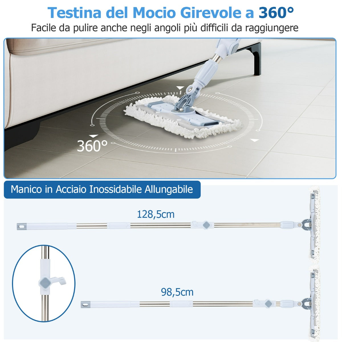 Set mocio e secchio con lavaggio senza mani e design a doppio serbatoio, Set mocio e secchio con potente assorbimento Blu-Strumenti pulizia