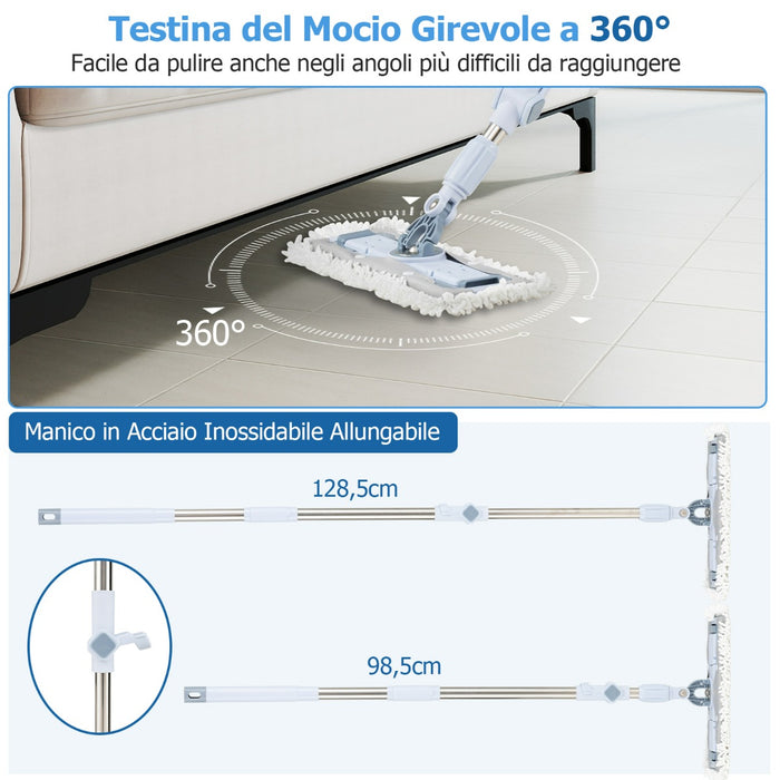 Set mocio e secchio con lavaggio senza mani e design a doppio serbatoio, Set mocio e secchio con potente assorbimento Blu-Strumenti pulizia