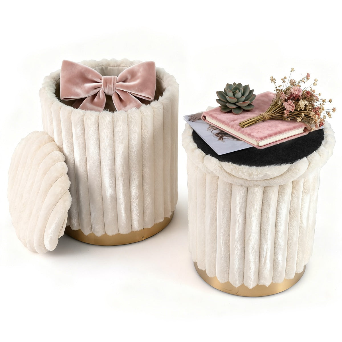 Set moderno di 2 pouf rotondi con rivestimento in pelo di coniglio, Moderno morbidi poggiapiedi imbottiti per soggiorno-Sgabelli