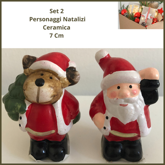 Set 2 personaggi babbo natale  e orsetto vintage in ceramica addobbi decorazioni natalizie 7 cm regalo casa